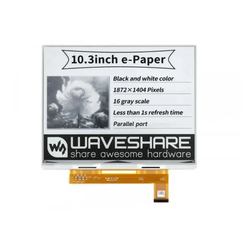 Waveshare 10.3" E-Paper E-Ink Raw Display, 18721404, Black/White, 16 Grey Scales, Parallel Port, w/o PCB