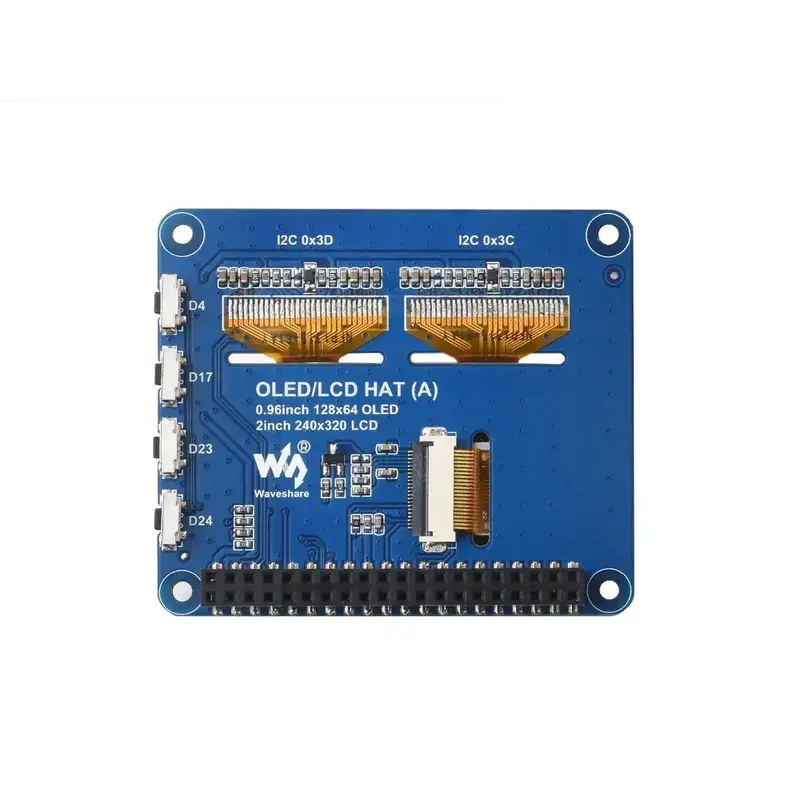 Waveshare Raspberry Pi OLED/LCD HAT, Onboard 2" IPS LCD Main Screen & Dual 0.96" Blue OLEDs