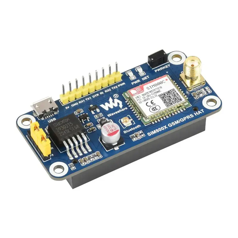 Waveshare SIM800C GSM/GPRS/Bluetooth HAT for Raspberry Pi, 2G Communication