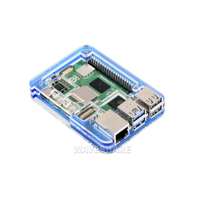 Waveshare Transparent & Blue Acrylic Case for Raspberry Pi 5, Supports Installing Official Active Cooler