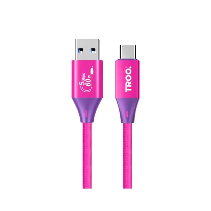 TROO Certified Fast Charge 60W USB Type-C Braided Cable Lumo Pink - 1 Meter