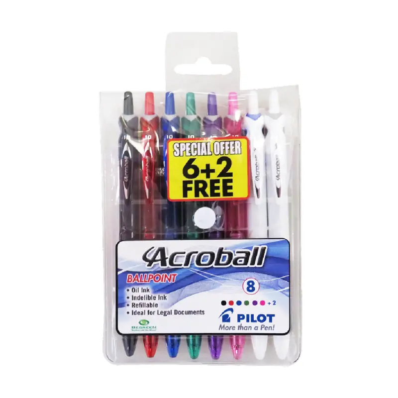 Pilot BAB-15M Acroball Medium Ballpoint - Wallet of 8 Assorted Colours