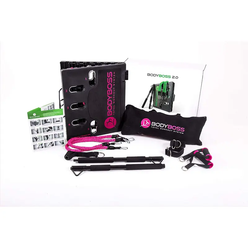 BodyBoss Home Gym 2.0 - Full Portable Gym Home Workout Package + 1 Set of Resistance Bands - Collapsible Resistance Bar, Handles - Full Body Workouts for Home, Travel or Outside (Pink)