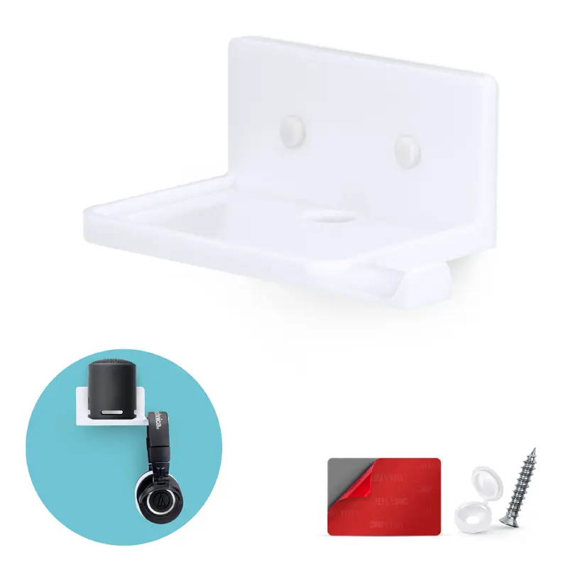 5 Small Floating Shelf with Headphone Hanger, Adhesive & Screw In, For Bluetooth Speakers, Cameras, Plants, Toys, Books & More By Brainwavz (RF2105-HP, White)