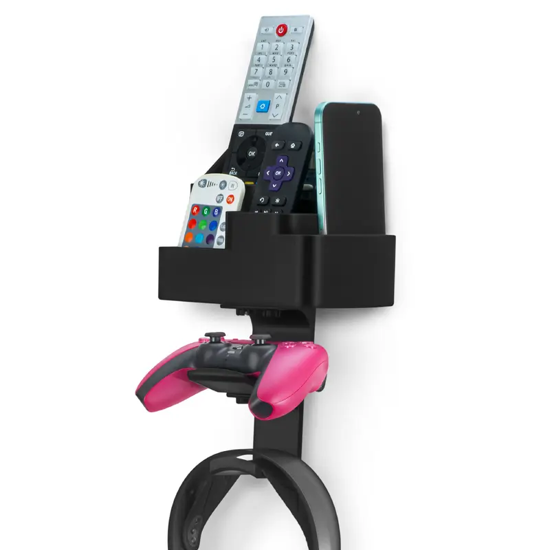 Wall-Mounted Remote & Gaming Organizer  Remote/Mobile Holder with Removable Headset & Controller Hangers